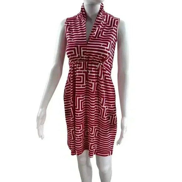 Vfish Designs Geometric Print Dress S High Neck Collar V Neck Minimalistic NWT - Picture 2 of 15